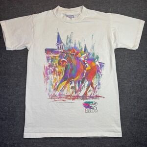 Vintage 90s Kentucky Derby Art Print Shirt Men M White Richard Wallich Made USA